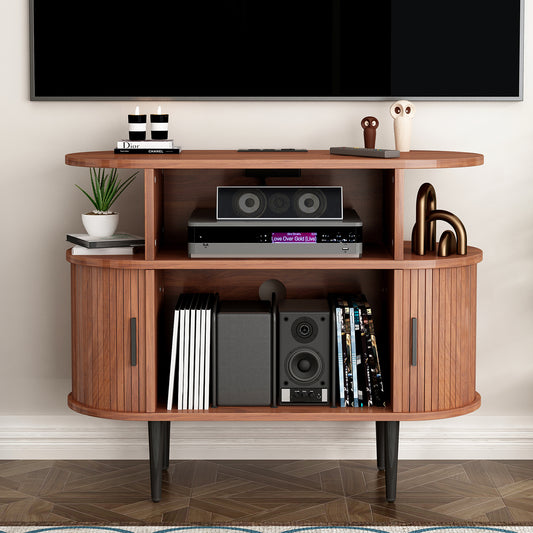 Large Round Record Player Stand With Charging Station & USB Ports, Record Storage Cabinet, Mid Century Modern Turntable Stand For Bedroom Living Room WALNUT