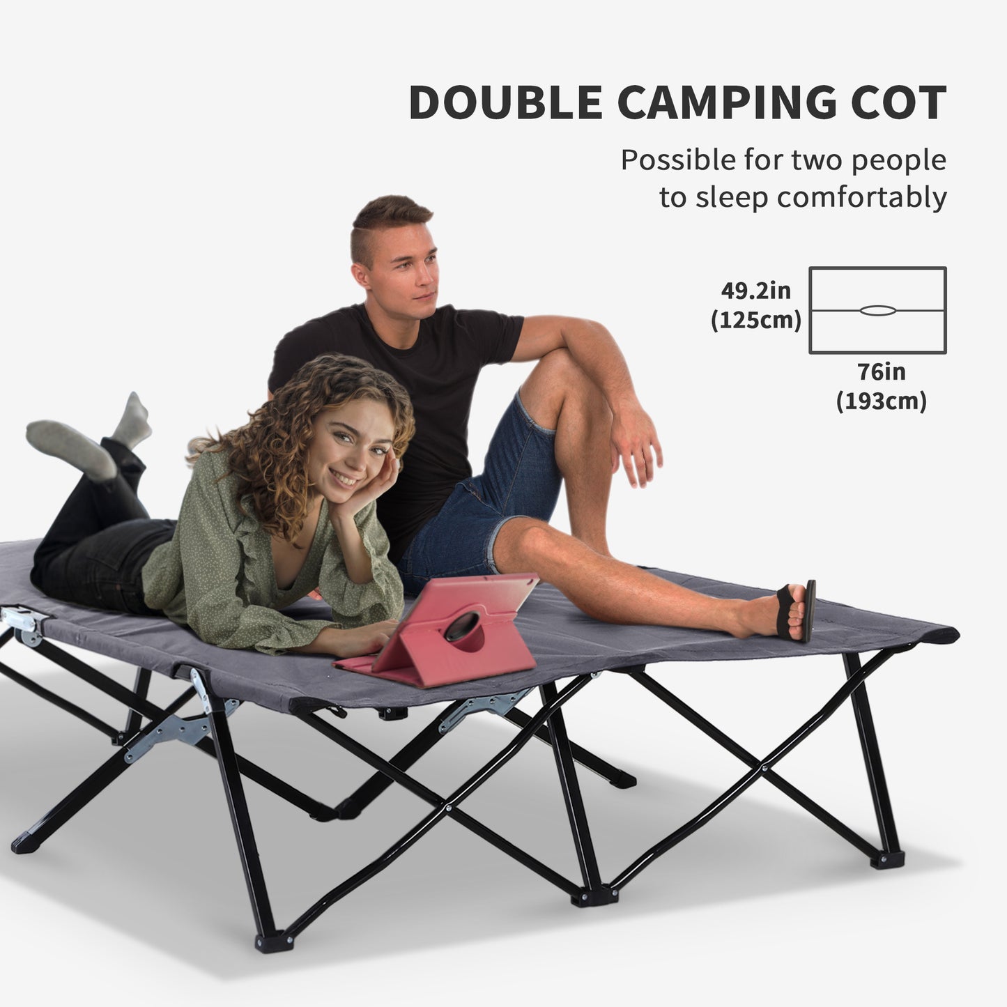 2 Person Folding Camping Cot For Adults, 50" Extra Wide Outdoor Portable Sleeping Cot With Carry Bag, Elevated Camping Bed, Beach Hiking, Grey