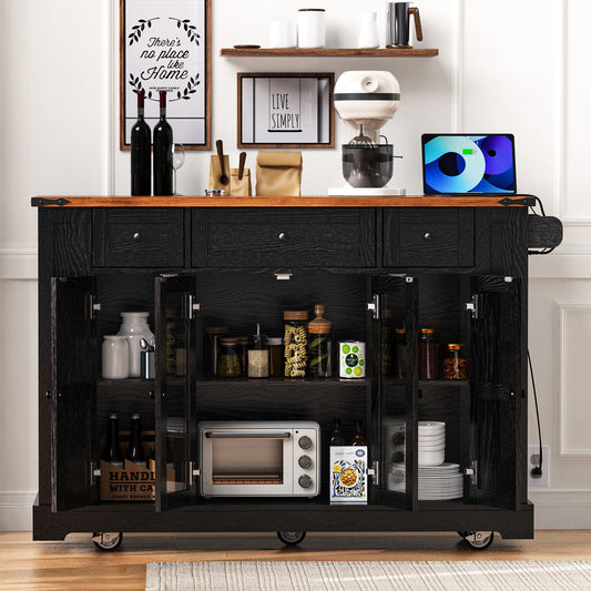 K&K 53  Farmhouse Kitchen Island With Two Tempered Glass Cabinet Doors, Power Outlet, Rolling Kitchen Cart On Wheels With Drop Leaf, 5 Open Side Racks, 3 Drawers, For Kitchen, Dining Room, Black
