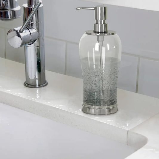 Glass Liquid Soap Dispenser Pump Bottle   Bathroom Vanity & Kitchen Sink,Holds Soap,Lotion & Sanitizer   Crackle Glass