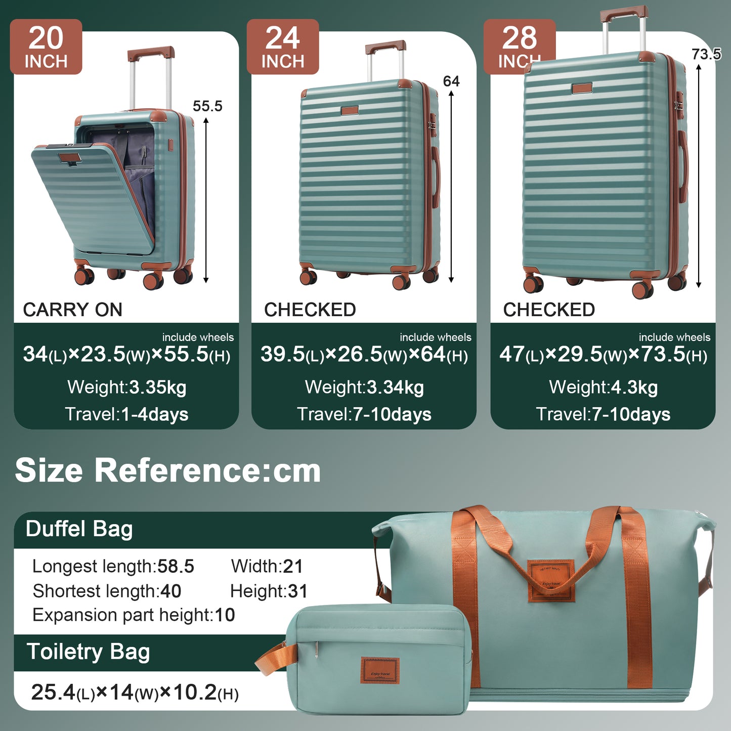Luggage Sets 5 Piece With Front Opening , Hardside Expandable Carry On Suitcase With Spinner Wheels TSA Lock USB Port  Cup Holder Duffel Bag And Toiletry Bag