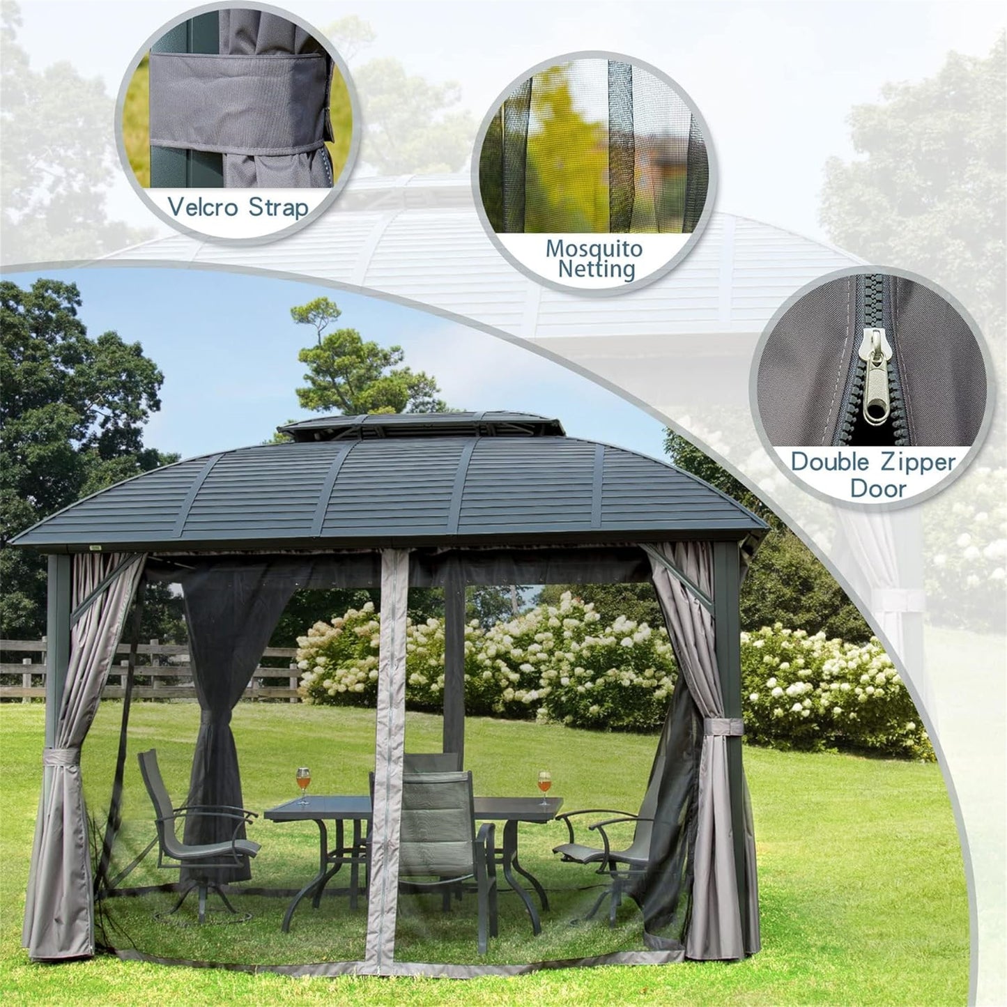 Outdoor Gazebo 10 X12 , Permanent Hardtop Gazebo With Aluminum Frame For Patios Deck Backyard, Galvanized Steel Double Roof, Curtains And Netting For Lawns, Garden, Poolside