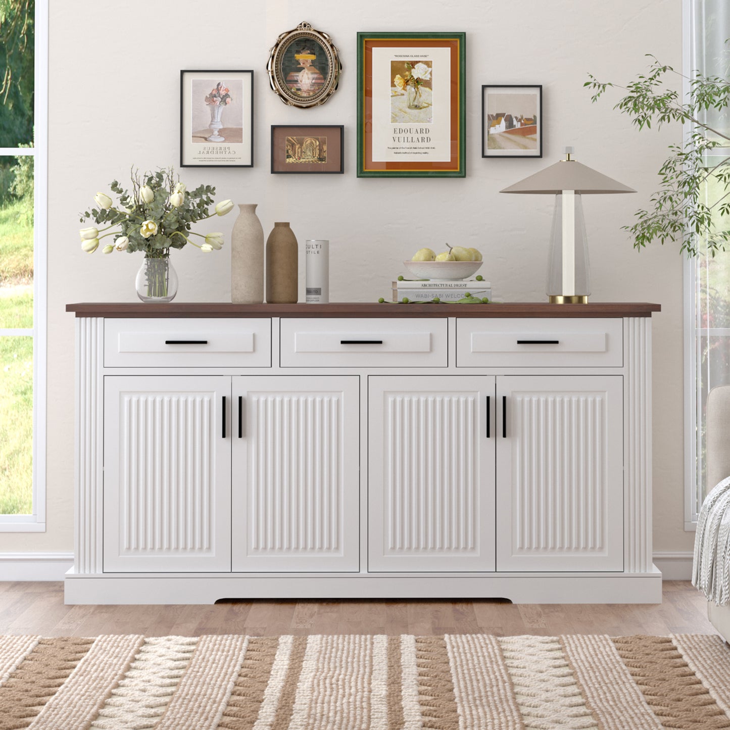 63  Fluted Sideboard Buffet Cabinet With Storage, Modern Coffee Bar Station With 4 Doors And 3 Drawers, Kitchen Storage Console Table For Living Room Dining Room Entryway, White