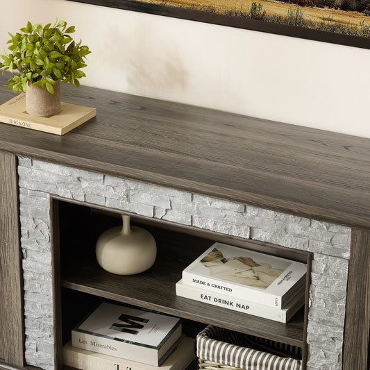 70  Modern TV Stand With 2-Door Storage, Faux Stone Media Console Cabinet, Grey Large Entertainment Center For Living Room
