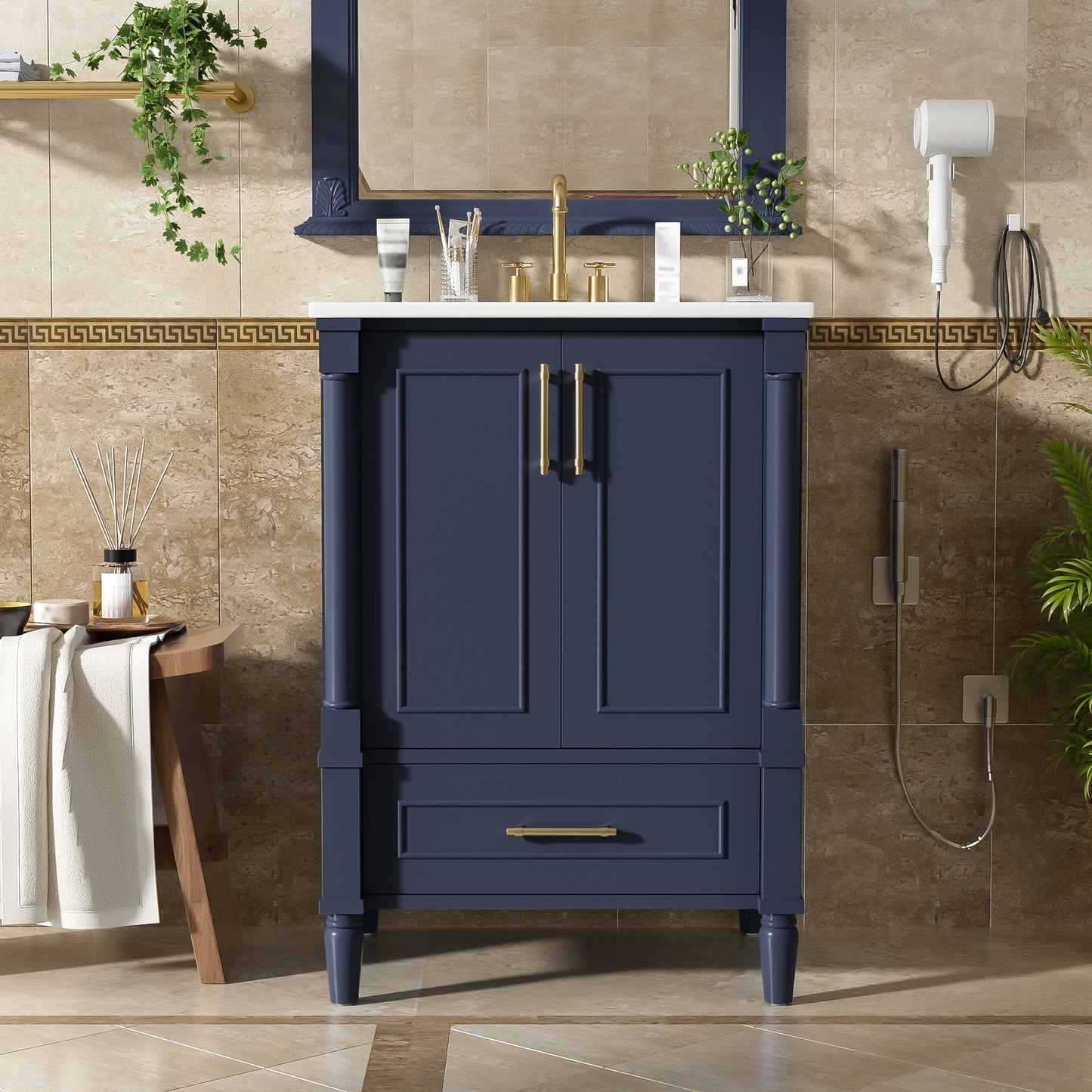 24   Modern Bathroom Vanity With Ornate Motif Design & Soft-Close Hinges,  Bathroom Cabinet With Drawer And Back Open Structure, Ornately Carved French Cylinder Legs