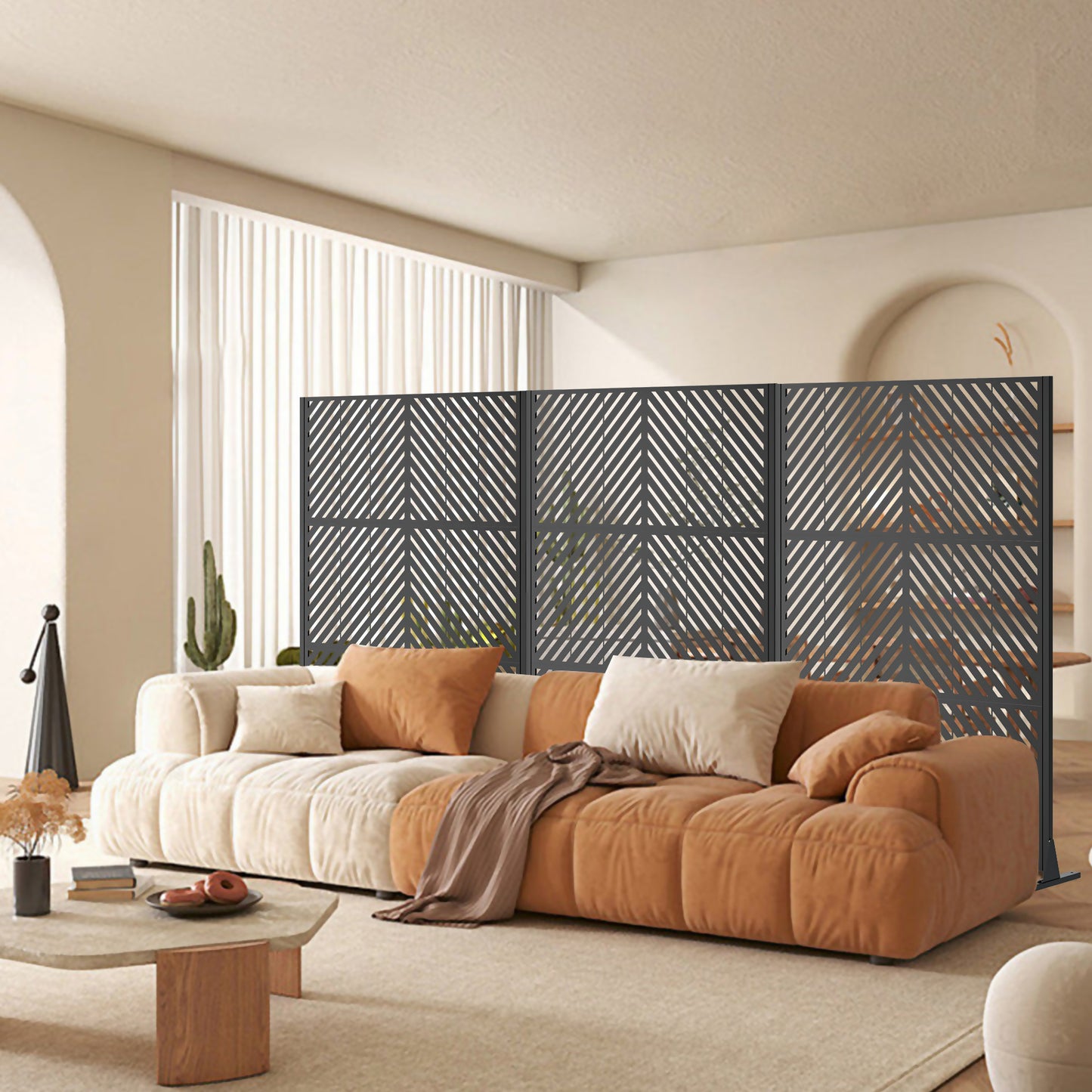 Metal Privacy Screen For Outdoor Freestanding, 72 H X 46 W Decorative Metal Fence Panels With Stable Base, Portable Divider Screens For Patio, Deck, Balcony, Backyard, Garden