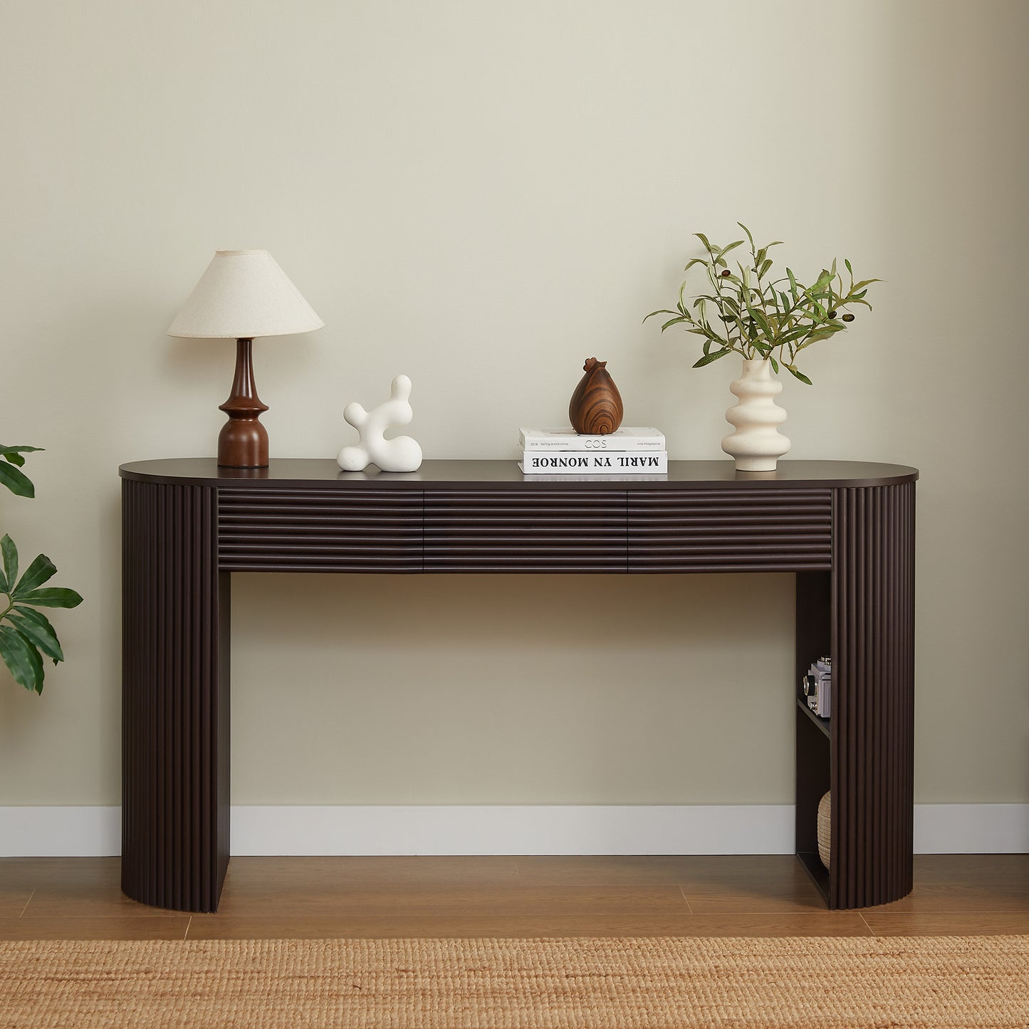 Video Retro Console Table With Storage, 3 Drawers, 1 Table-Leg Niche, Round Slat Aesthetic, Entryway, Living Room & Hallway, Espresso