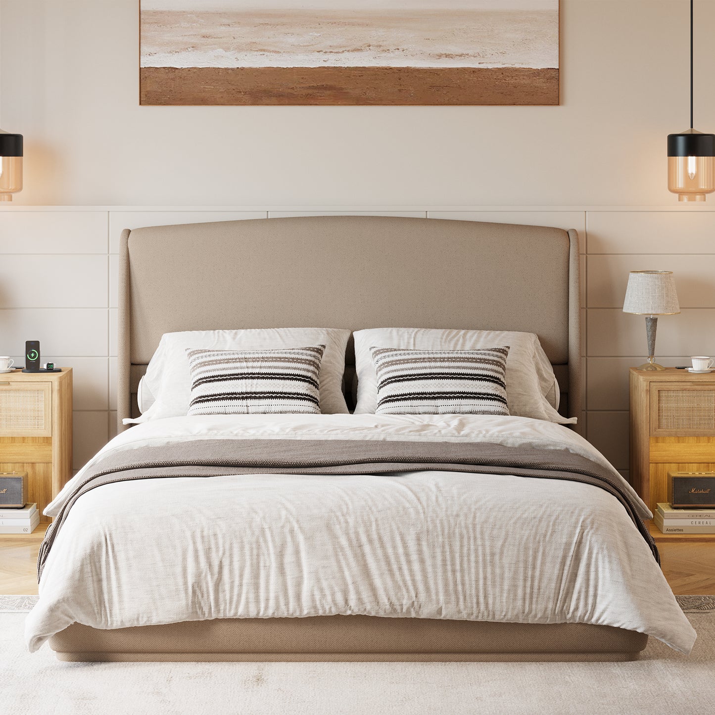 Upholstered Queen Bed Frame With Wingback Headboard, Low Profile Platform Bed With Padded Headboard, No Box Spring Needed, Easy Assembly, Elegant Linen Fabric, Brown