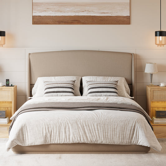 Upholstered Queen Bed Frame With Wingback Headboard, Low Profile Platform Bed With Padded Headboard, No Box Spring Needed, Easy Assembly, Elegant Linen Fabric, Brown