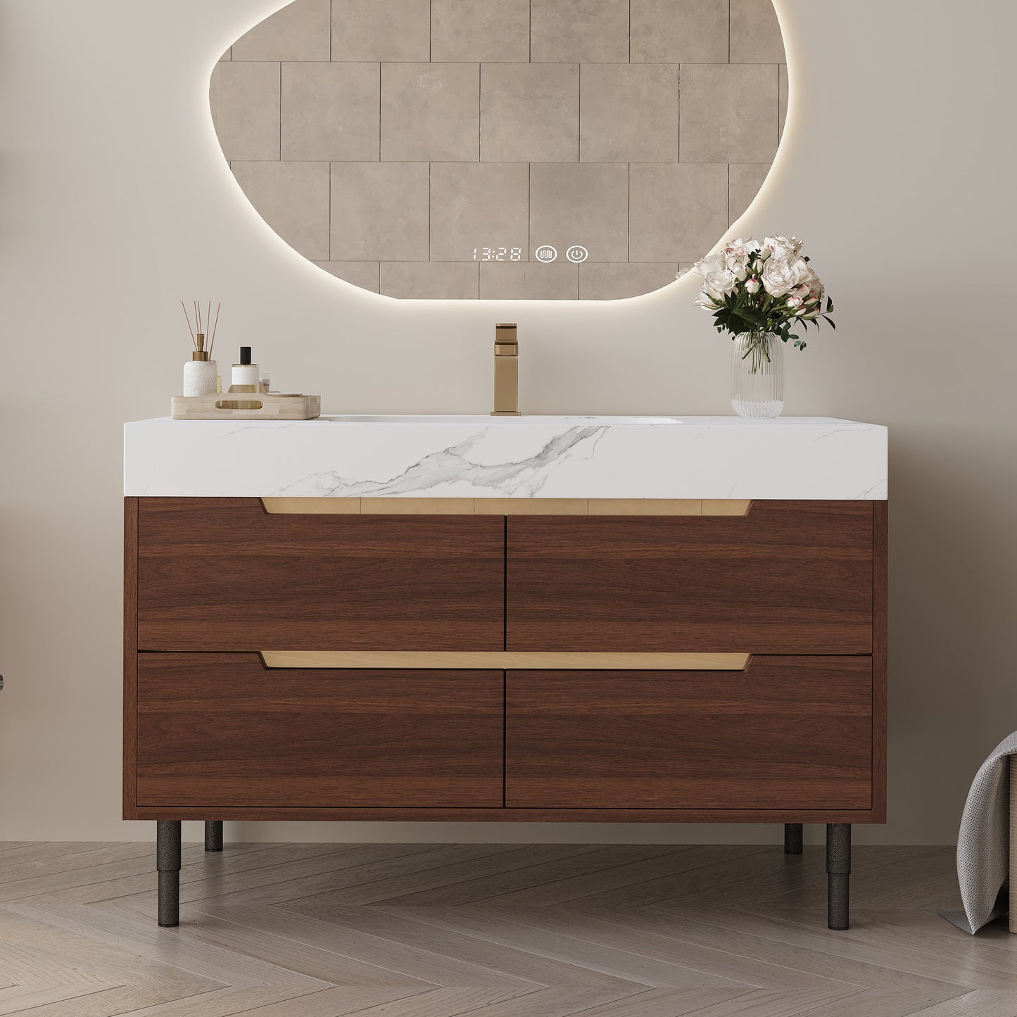 35.4 Farmhouse Free-standing Sintered Stone Bathroom Vanity With Undermount Sink, Waterproof Multi-layer Solid Wood, 4 Drawers Storage, Wall-Mounted