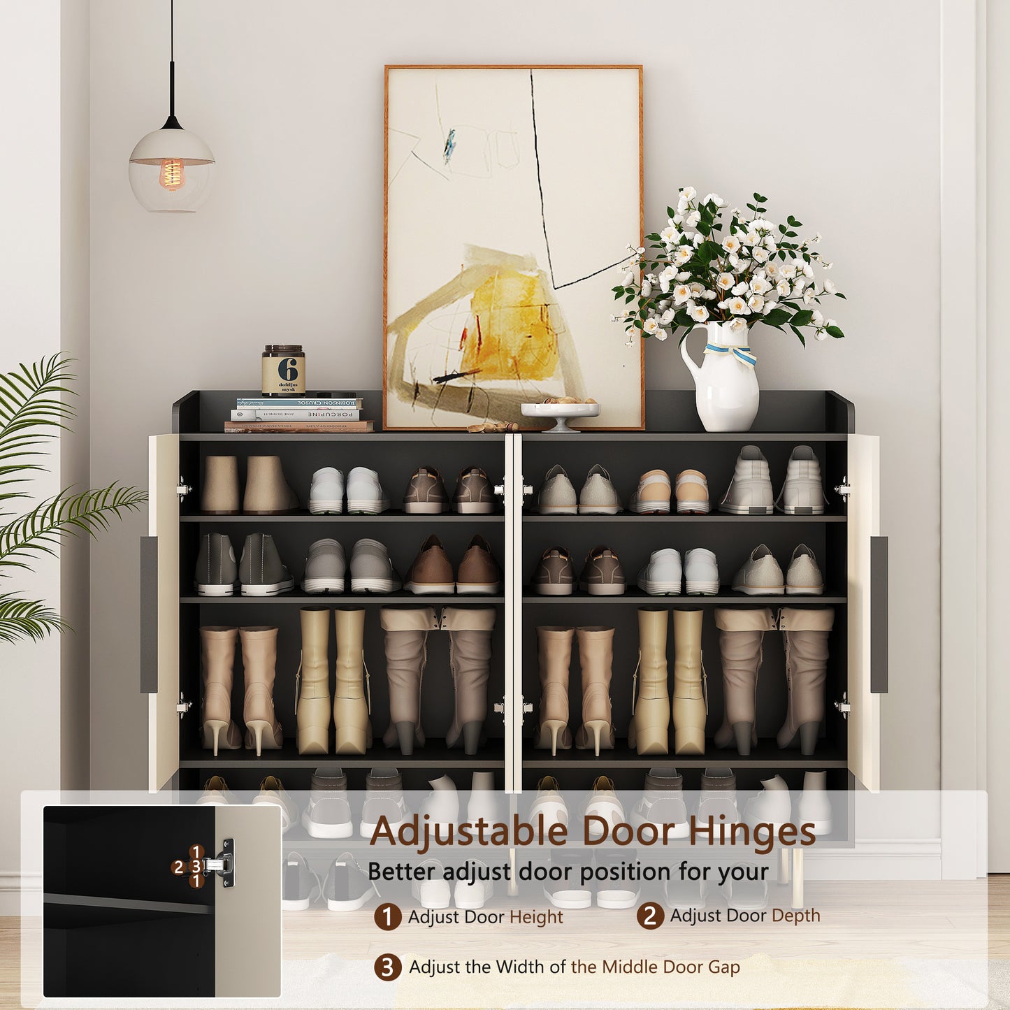 Sideboard,Shoe Cabinet With 4 Doors Large Modern Shoe Storage Organizer Cabinet With Adjustable Shelves For Entryway Black Shoe Rack Cabinet For Living Room, Bedroom