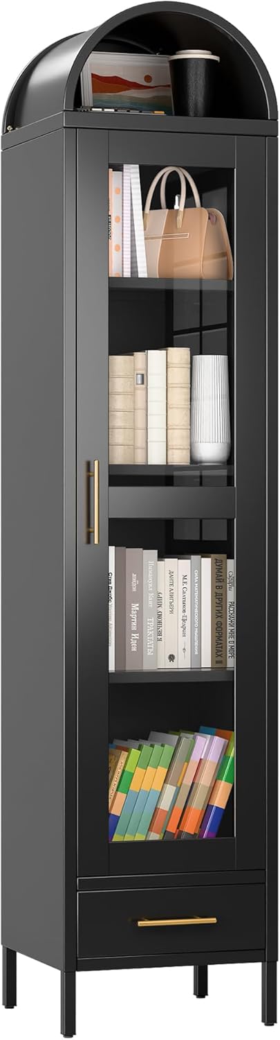 Metal Arched Bookcase Cabinet, Arch Display Storage Cabinet With Glass Doors & Shelves And 1Drawer For Living Room, Kitchens,Office, Black, Assembly Required