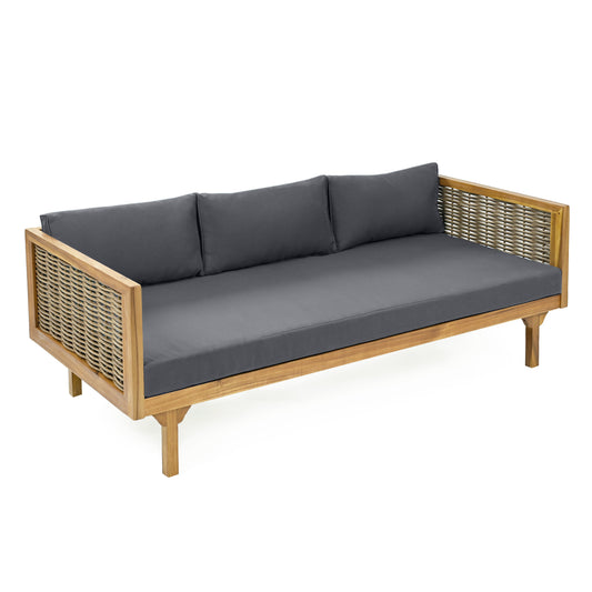 CLAREMONT 3 SEATER DAYBED WITH RATTAN ARMS  DARK GREY CUSHION
