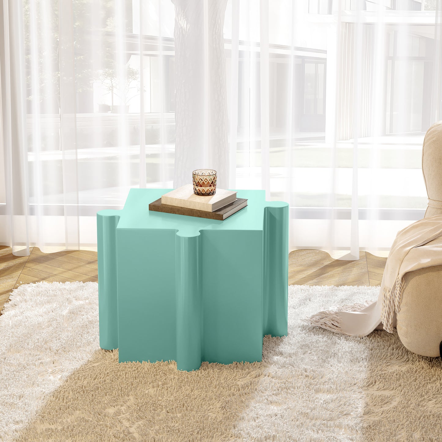 3-Piece Artistic Puzzle Table Set,Modular MGO Side Tables With Interlocking Design  2 Convex & 1 Concave , 200lb Capacity For Indoor & Outdoor, Light Green & Light Blue Color