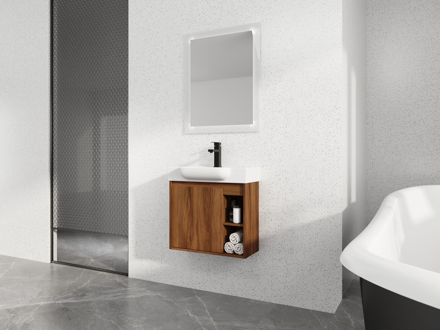 24   Wall-Mounted Bathroom Vanity With White Ceramic Sink & Soft-Close Door, KD-Packing