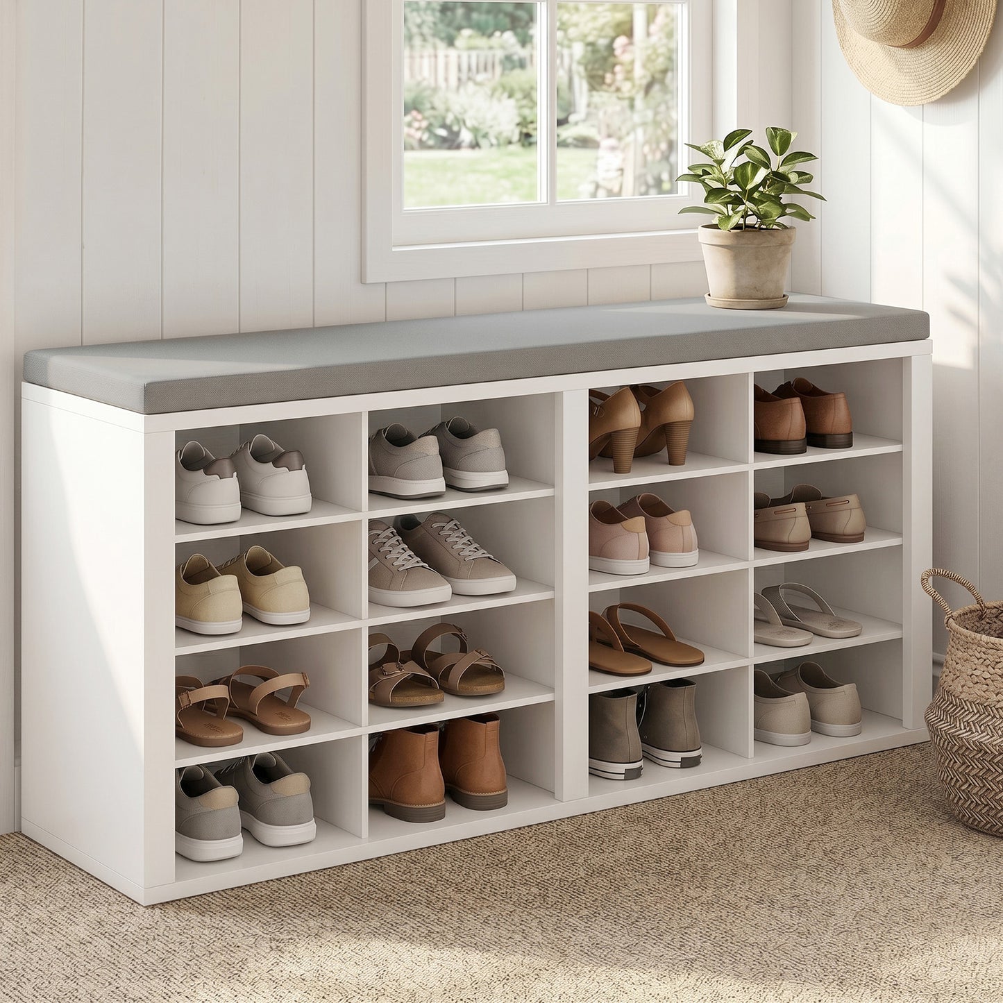 Shoe Storage Bench With Cushion 16 Cubby Shoe Rack Multifunctional Shoe Organizer Bench For Entryway Hallway Living Room Bedroom