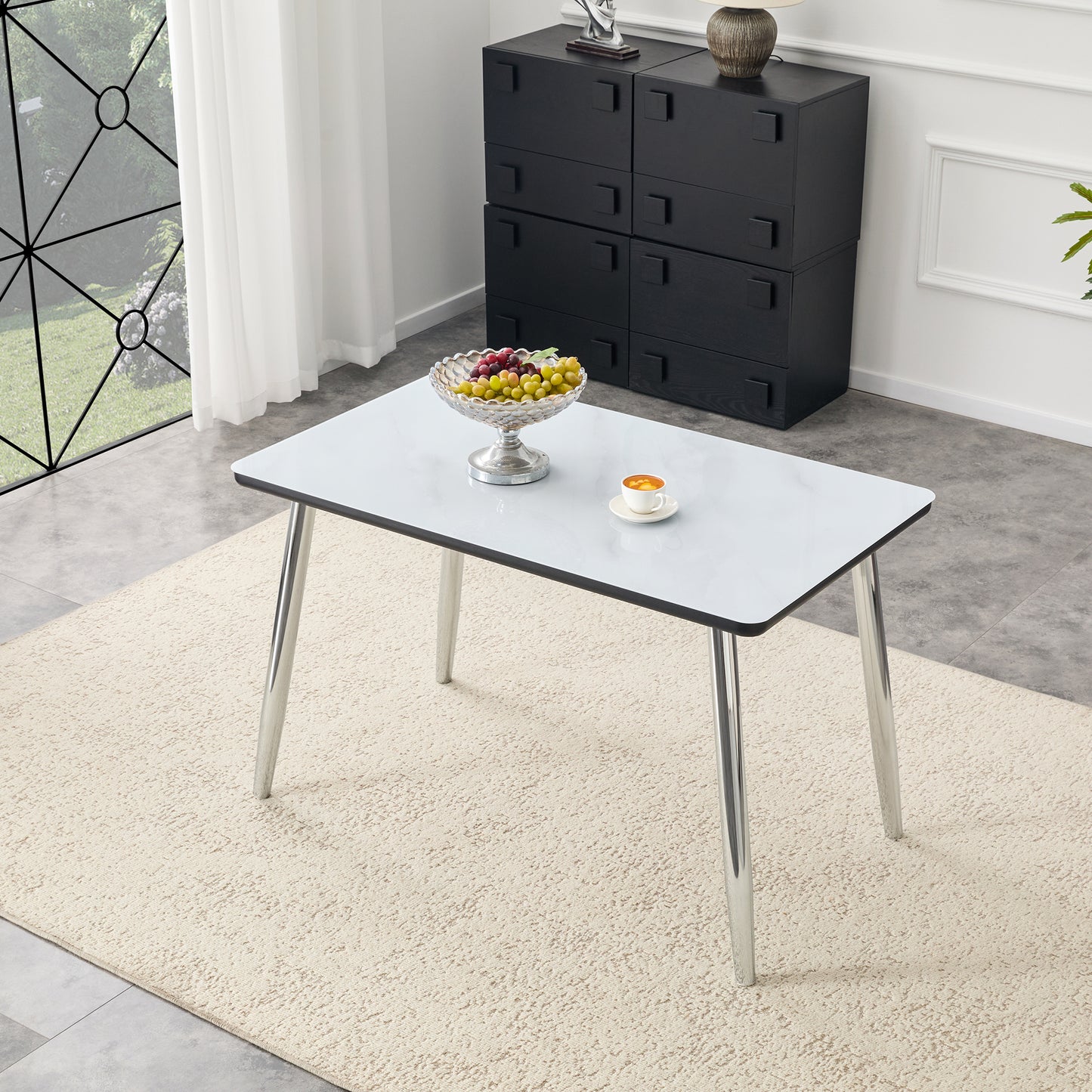 Modern Minimalist Rectangular Dining Table,suitable For 4-6 People.Tempered Glass Countertop Lower MDF Board,imitation Marble Texture,silver Metal Tapered Legs.Suitable For Minimalist Restaurants.