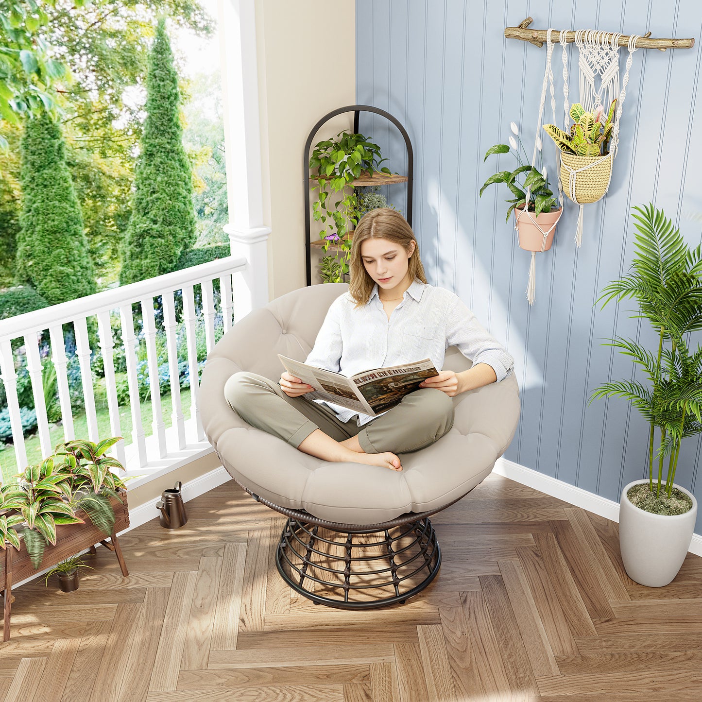 Comfortable Ergonomic Wicker Papasan Chair, 360 Swivel Indoor Outdoor Rattan Chair With Soft Thick Cushion, Ideal For Living Room, Bedroom, Reading Room, Brown Frame With Beige Cushion