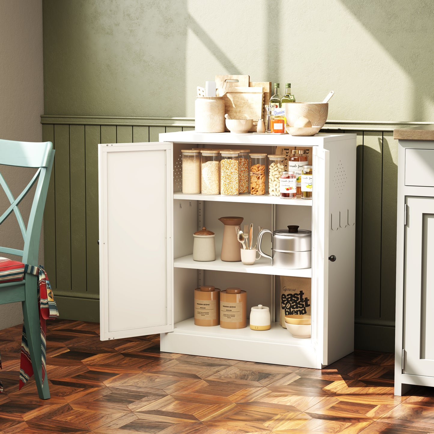 34.6  White Metal Pantry Cabinet With Adjustable Shelves - Freestanding Kitchen Storage Organizer With Easy-Grip Handles,  Assembly Required, Ideal For Kitchen, Dining Room, Apartment