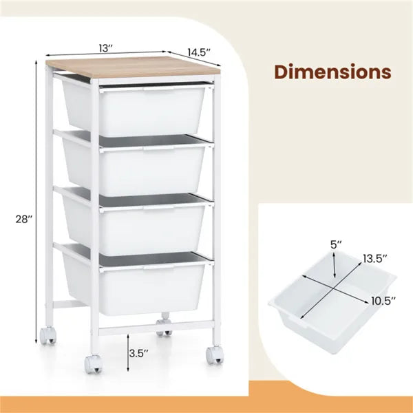4-Drawer Rolling Storage Cart, Mobile Utility Organizer With MDF Wooden Top (Natural)