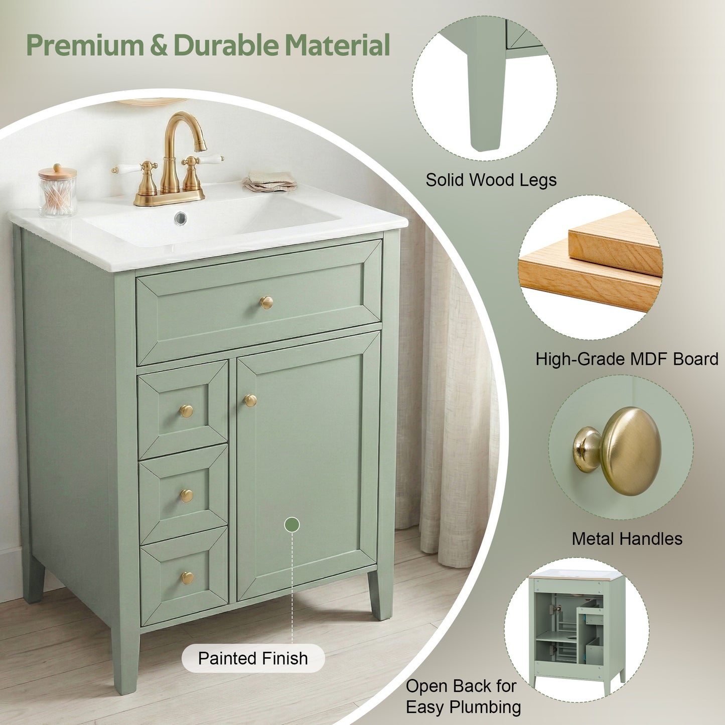 Video 24  Bathroom Vanity With Sink,Ceramic Sink,Bathroom Cabinet With 1 Tip-out Drawers And 2 Pull-out Storage Drawers, Soft-Closing Door With Storage Rack, Solid Wood Legs, One Package,Light Green