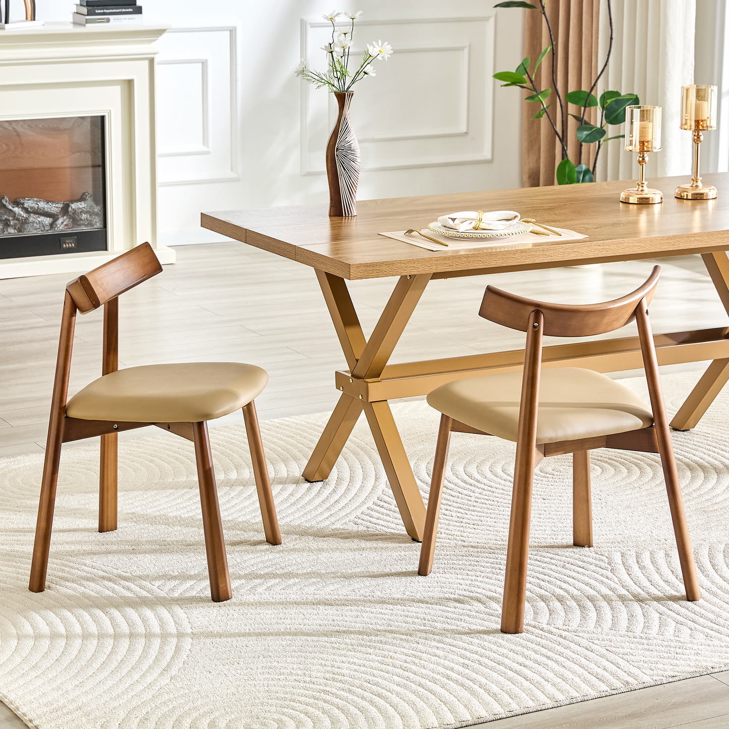 2 Walnut Colored Solid Wood Dining Chairs, With Khaki PU Soft Cushions And Curved Backrests That Fit The Curves Of The Back, Suitable For Home Dining.
