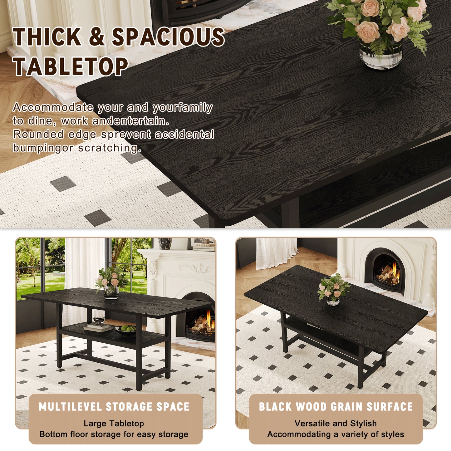 Table And Chair Set.71x35.4 Inch Black Grain Spliced Dining Table With Storage Function In The Middle Of The Table Legs.Paired With 8 Light Gray Linen-Cotton Material High Resilience Dining Chairs.