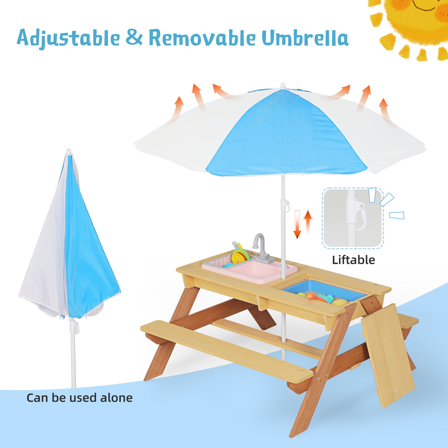 Wooden Kids Picnic Table, Sand And Water Table With Umbrella, Activity Table For Outdoor Backyard Patio Play