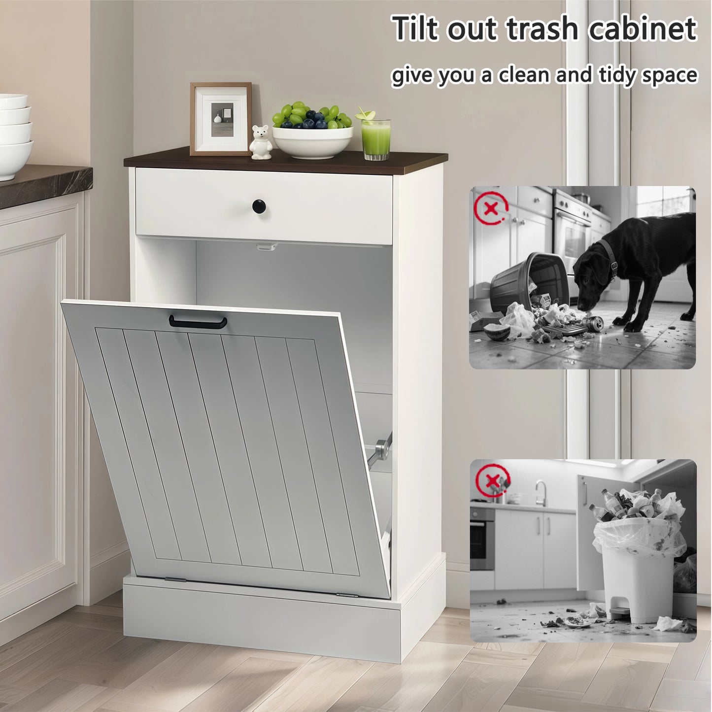 Tilt Out Trash Can Cabinet, Hidden Wooden Trash Can Cabinet With Drawer, Free Standing Garbage Cabinet For Kitchen, 10 Gallon Farmhouse Laundry Hamper Cabinet For Kitchen, Living Room  White