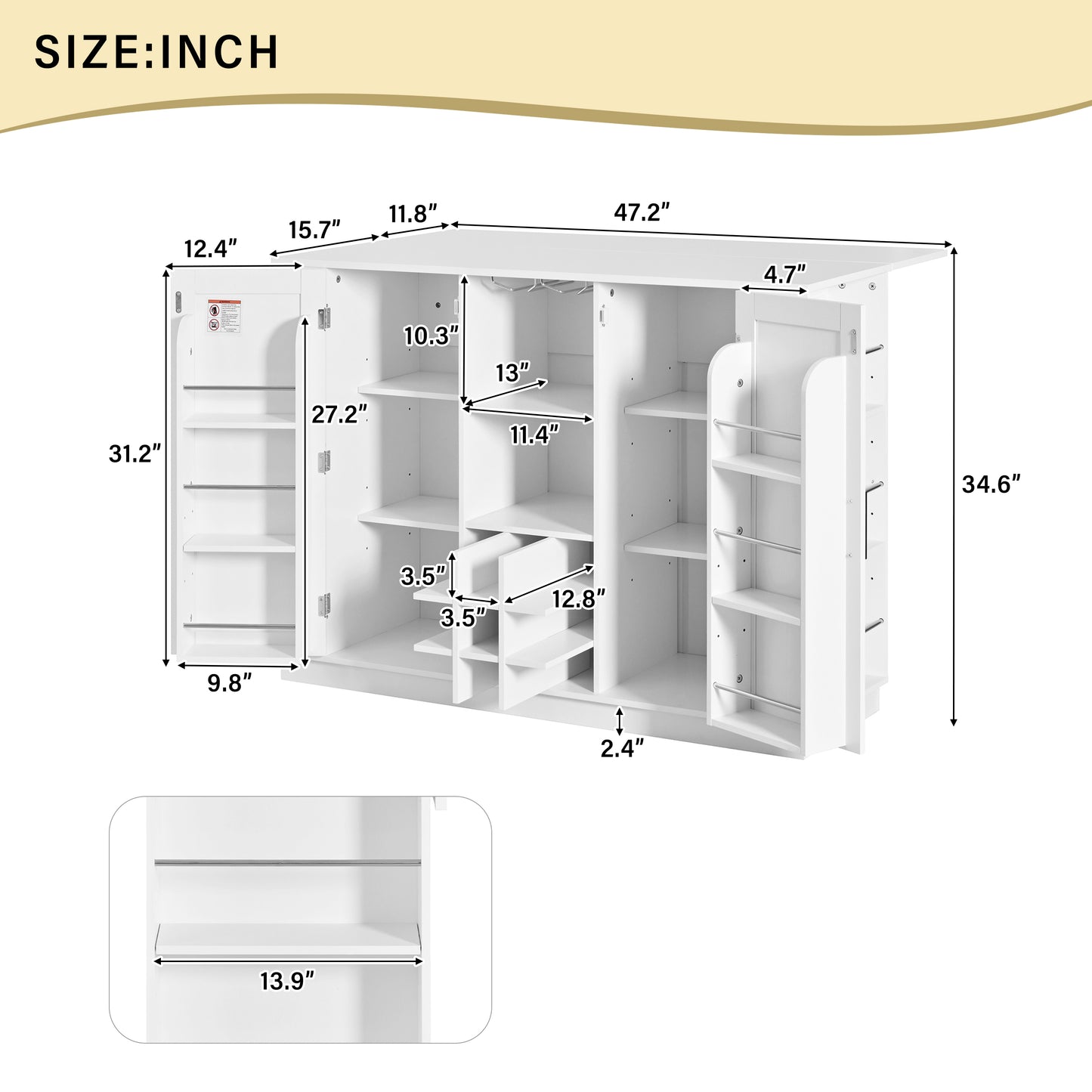 U-Style 47.2  Kitchen Island With Drop Leaf & Power Outlet  Wine Bar Cabinet With Bottle Rack & Glass Holder  Coffee Bar  2- Door Buffet Sideboard With Side Shelves  Melamine MDF