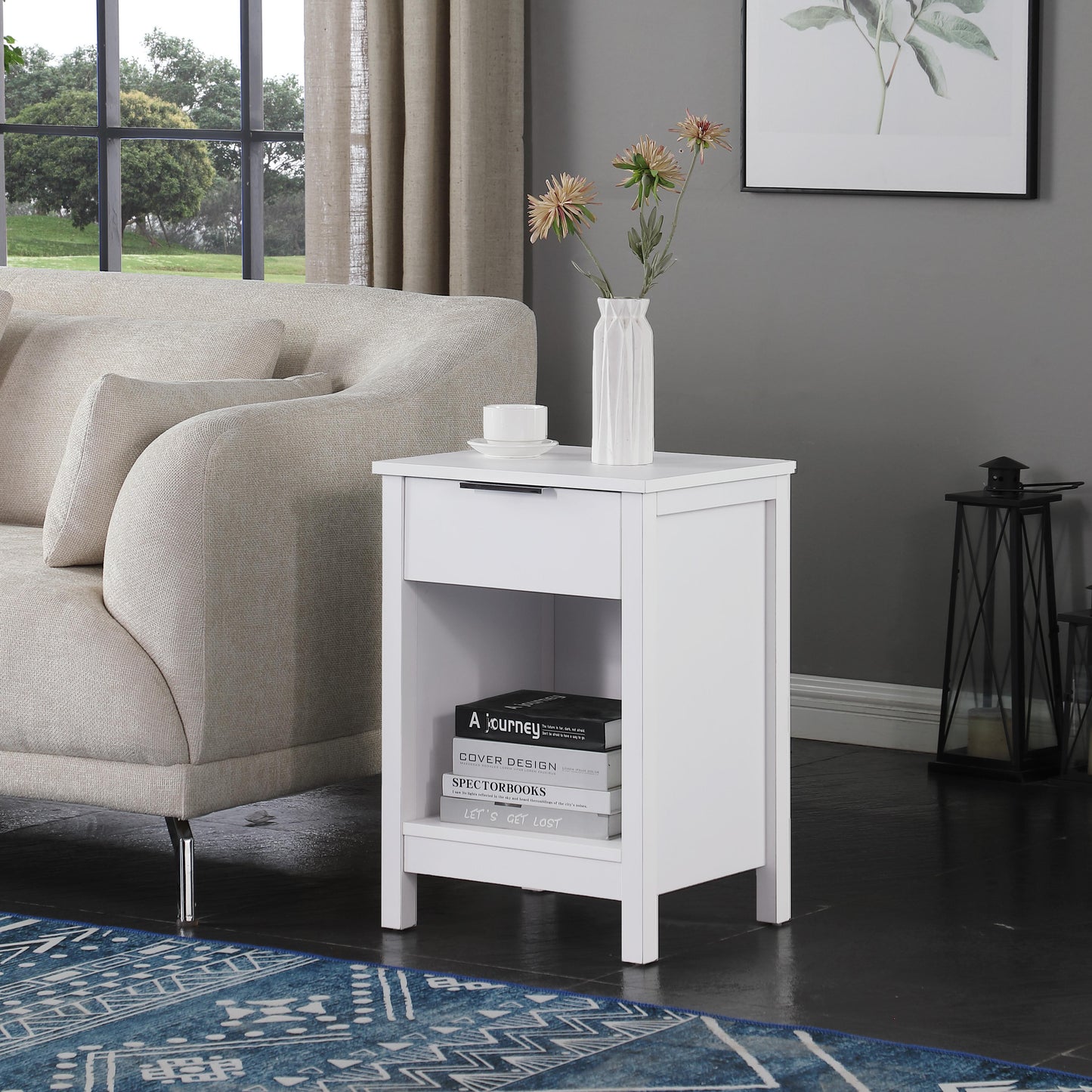 Nightstand With Drawer,3-Tier End Side Table With Storage Drawer And Shelf,Modern Bedside Night Stand For Bedroom, Living Room-Retro White