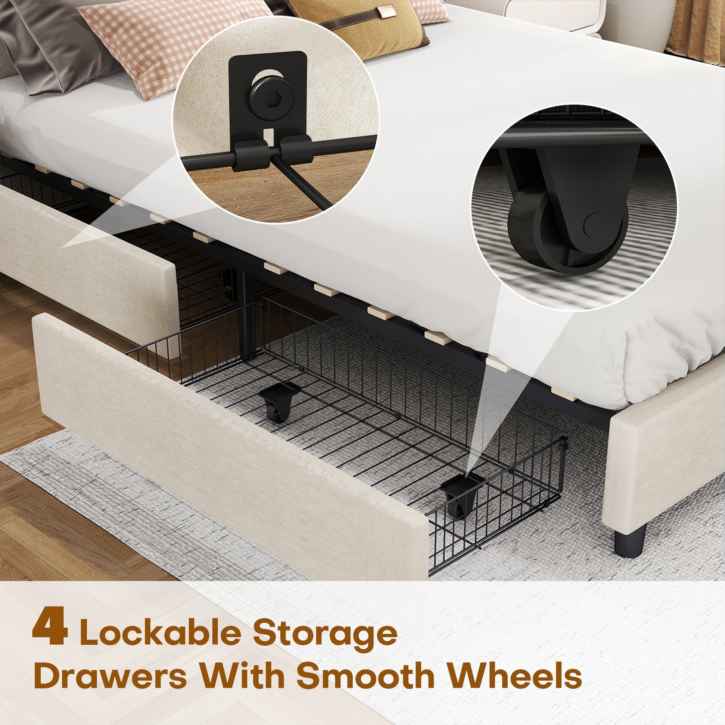 Bed Frame Upholstered Vertical Channel Headboard With 4 Storage Drawers Wood Slat Elegant Modern Bed Frame No Box Spring Needed Easy Assembly For Bedroom