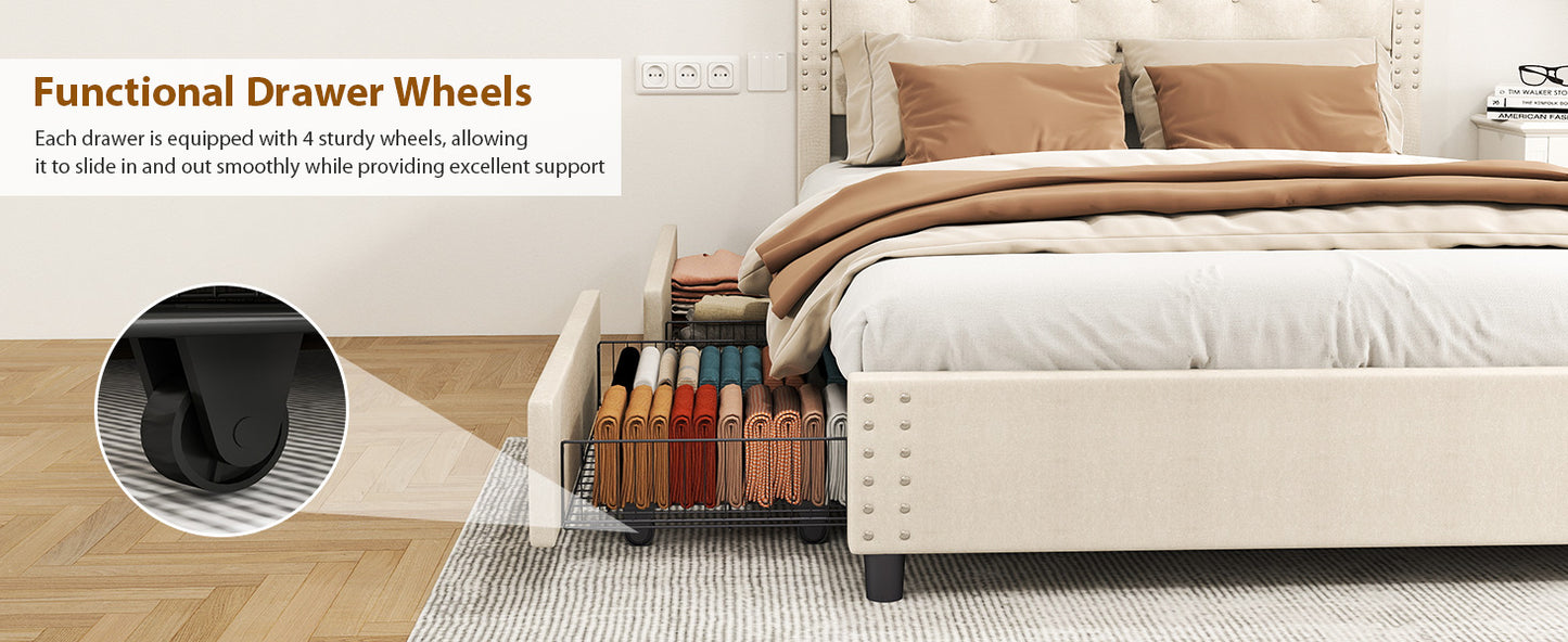 Queen Size Bed Frame With Headboard Wood Slat Support Platform Upholstered Button Tufted Bed Frame With 4 Drawers No Box Spring Needed Noiseless Easy Assembly For Home