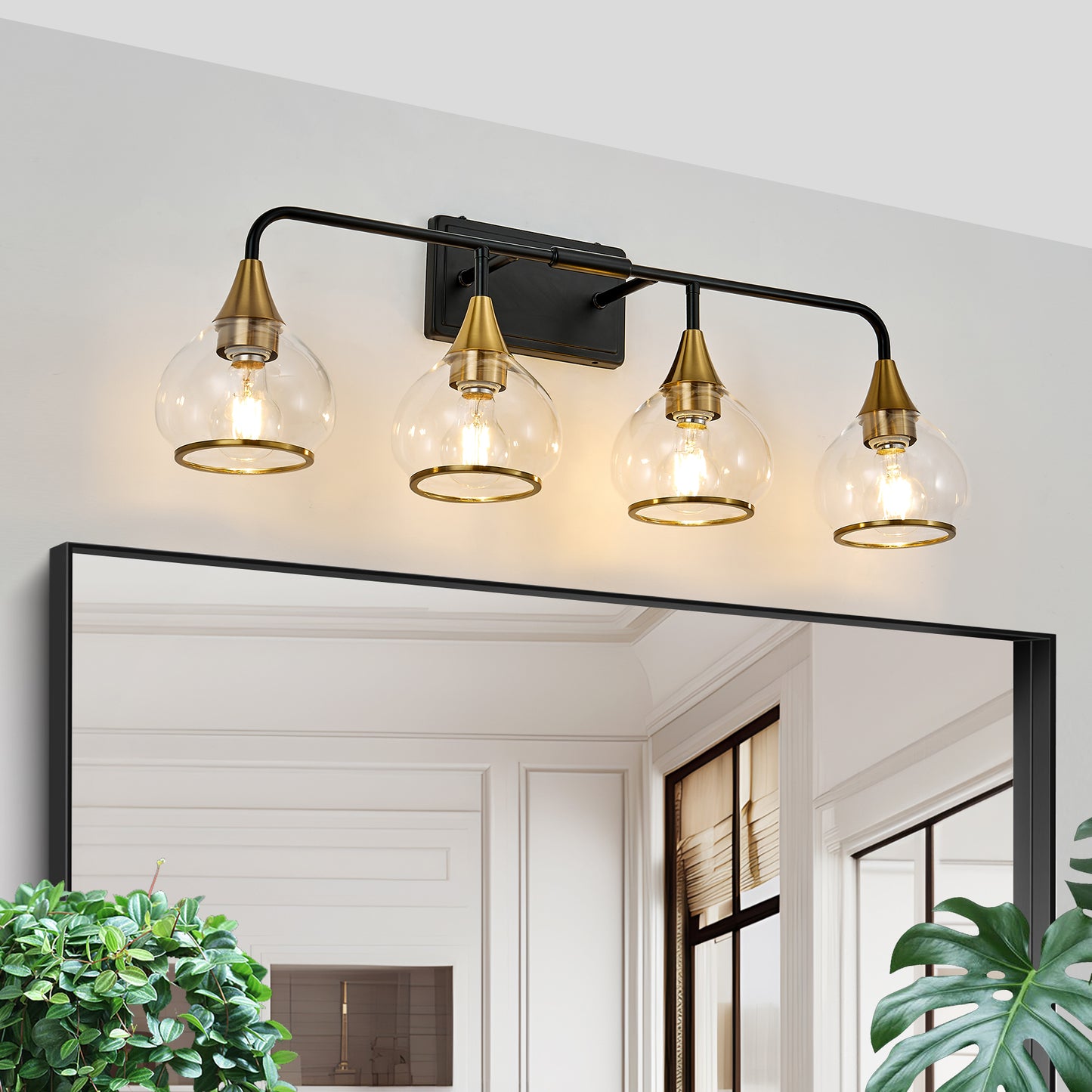 31  Modern 4-Light Vanity Wall Sconce - Black And Gold Bathroom Light Fixture With Clear Glass Shades, Industrial Wall Mounted Lamp For Mirror, Vanity, And Living Spaces Bulb Not Included
