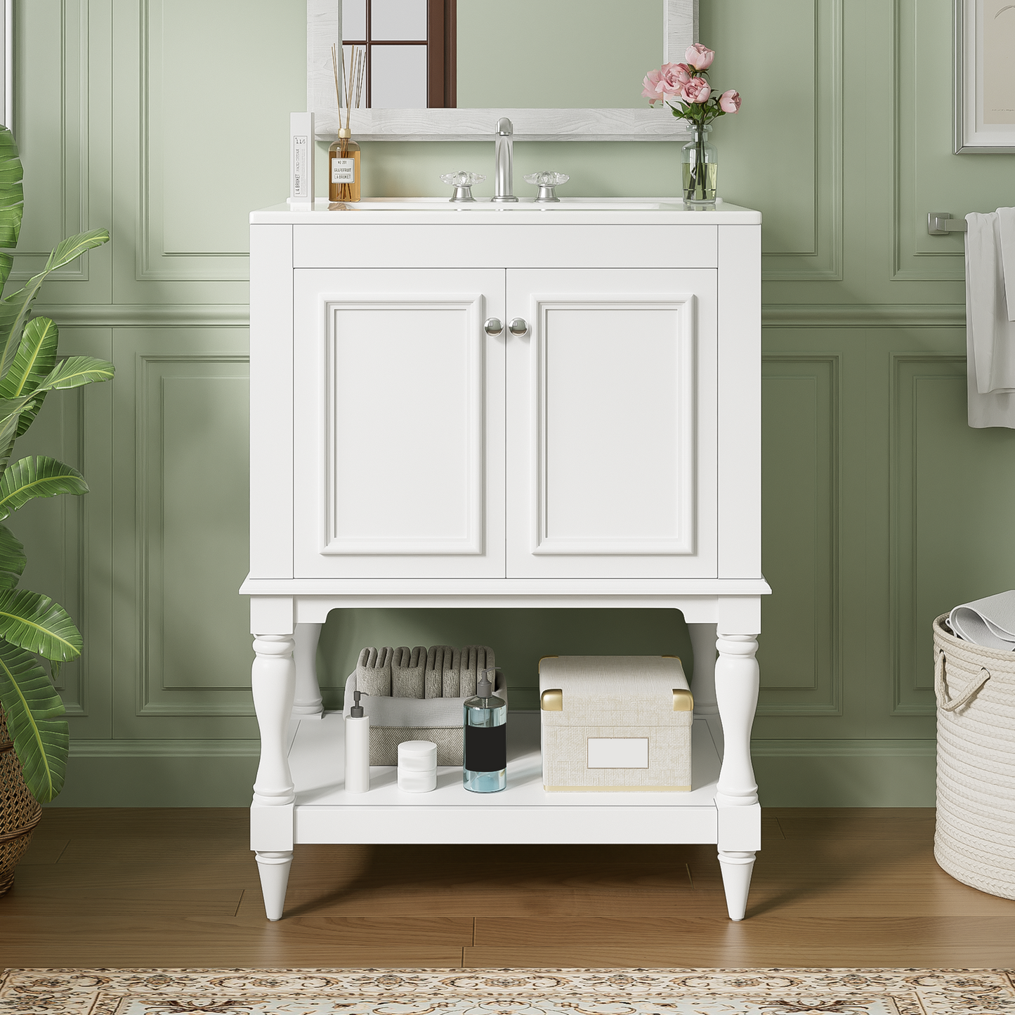 24 Inch Modern Luxury Bathroom Vanity With Ceramic Sink, Bathroom Cabinet With Open Shelf And Closed Storage