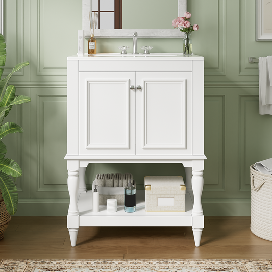 24 Inch Modern Luxury Bathroom Vanity With Ceramic Sink, Bathroom Cabinet With Open Shelf And Closed Storage