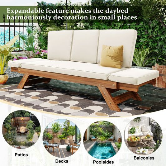 TOPMAx Outdoor Adjustable Patio Wooden Daybed Sofa Chaise Lounge With Cushions For Small Places  Natural Finish Beige Cushion