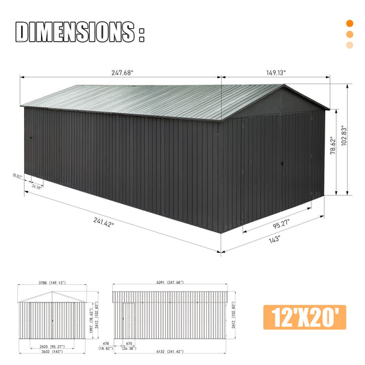 12x20FT Outdoor Metal Garage Shed, Extra Large Metal Carport With Lockable Double Hinged Doors, Heavy Duty Car Shelter For Car, Truck, Motorcycle And Lawn Equipment, Dark Grey