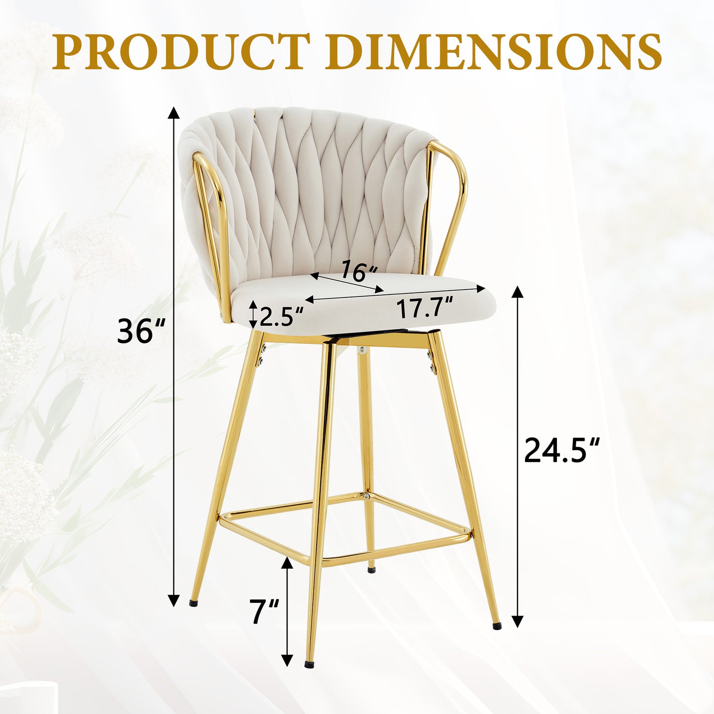 Set Of 2 Modern Velvet Braided Bar Stool With Metal Frame, Upholstered Counter Height Stool With Woven Rope Backrest For Kitchen Island, Home Bar Or Dining Area -Beige
