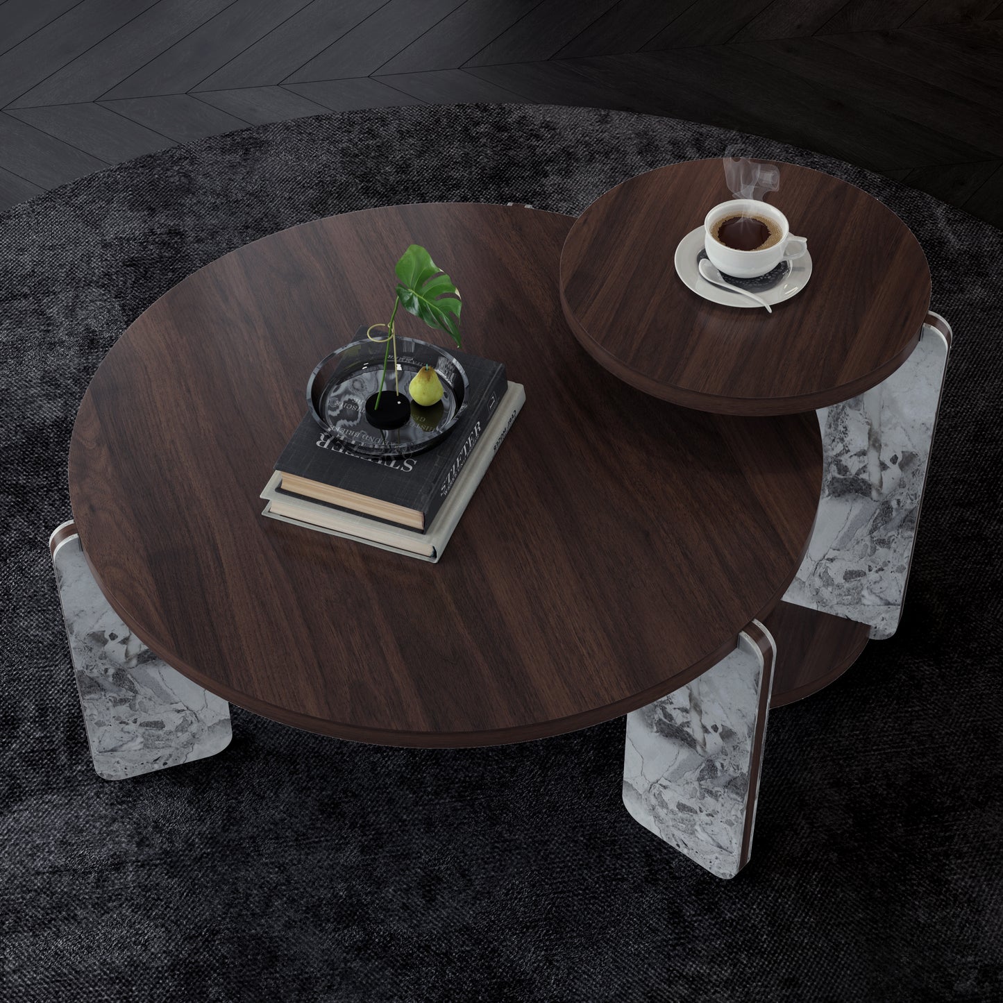 Modern Coffee Table With End Table Set, Durable Walnut Veneered MDF 83cm Diameter Center Table With A 43cm Diameter Side Table For Living Room, Study Room, Strong And Stable Sintered Stone Legs Base