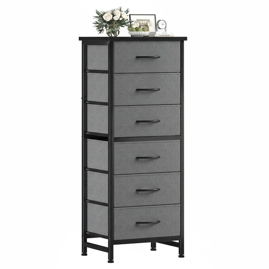 High Cabinet-style Storage Cabinet, Equipped With 6 Fabric Drawers, Metal Frame With Cross-bracing Rods, Anti-toppling Design, And Wooden Tabletop