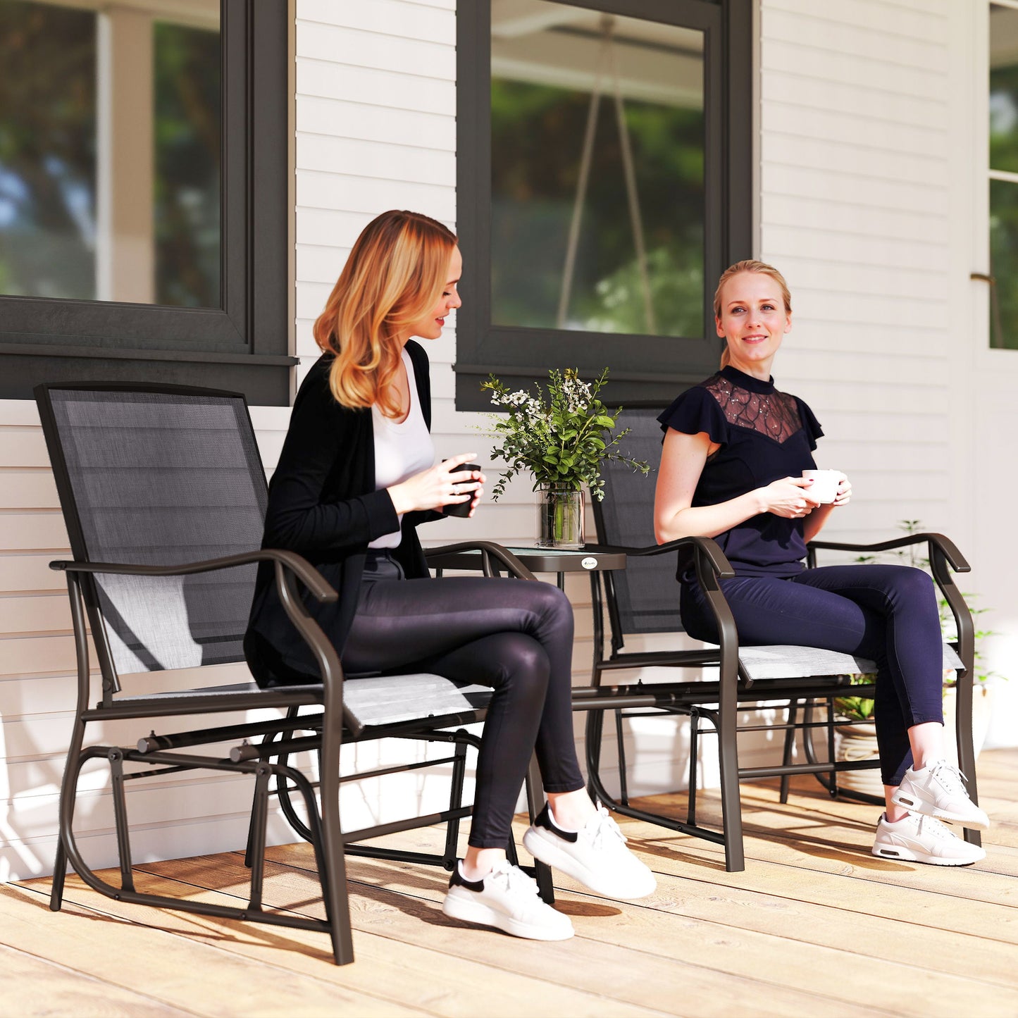 Outdoor Glider Chairs With Coffee Table, Patio 2-Seat Rocking Chair Swing Loveseat With Breathable Sling For Backyard, Garden, And Porch, Gray