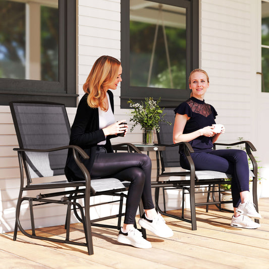 Outdoor Glider Chairs With Coffee Table, Patio 2-Seat Rocking Chair Swing Loveseat With Breathable Sling For Backyard, Garden, And Porch, Gray