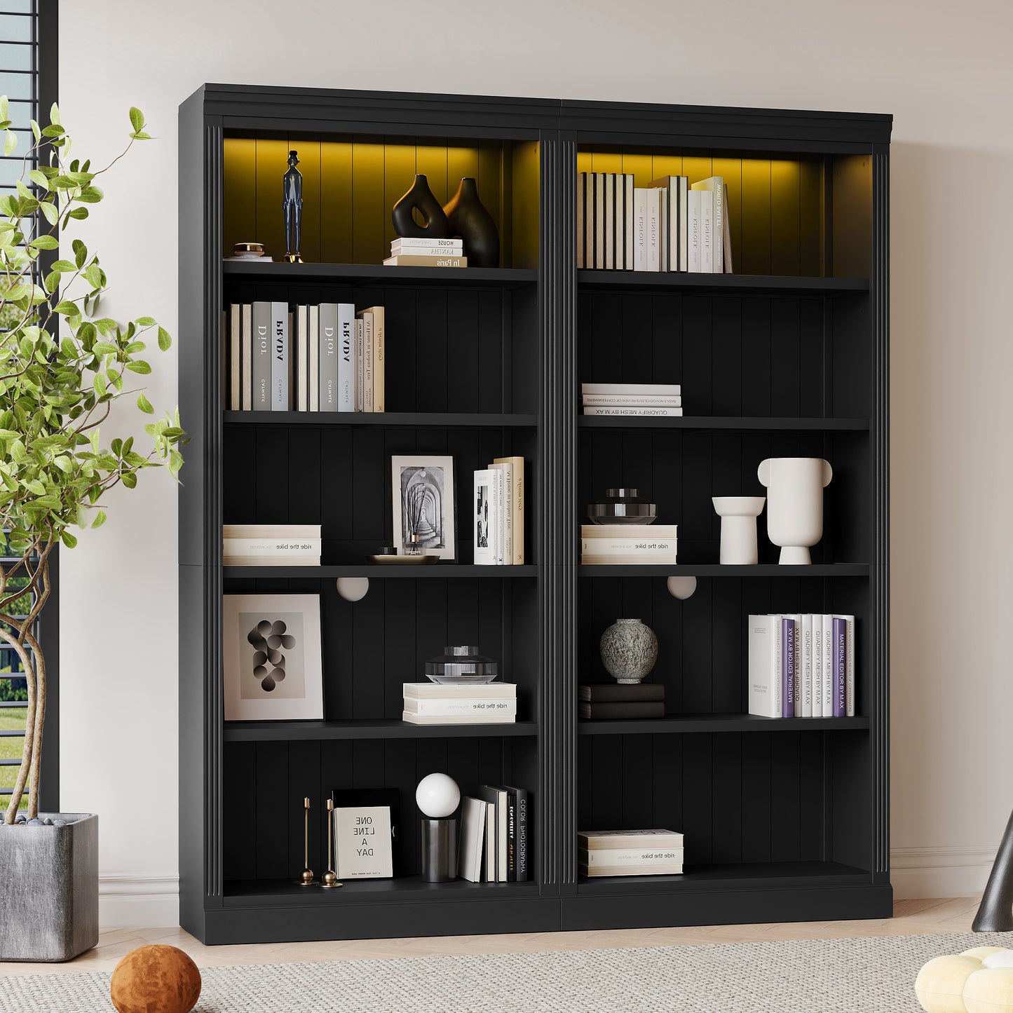 83 Tall Wood Bookcase Suite With Light Strip ,5-Tier Home Decor Bookcase Suite With Adjustable Shelves,Storage Organizer,Free Standing Storage Shelves Suite For Living Room,Home Office,Black