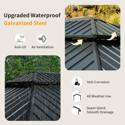 12   X 14   Hardtop Gazebo, Aluminum Metal Gazebo With Galvanized Steel Double Roof Canopy, Curtain And Netting, Permanent Gazebo Pavilion For Patio, Backyard, Deck, Lawn