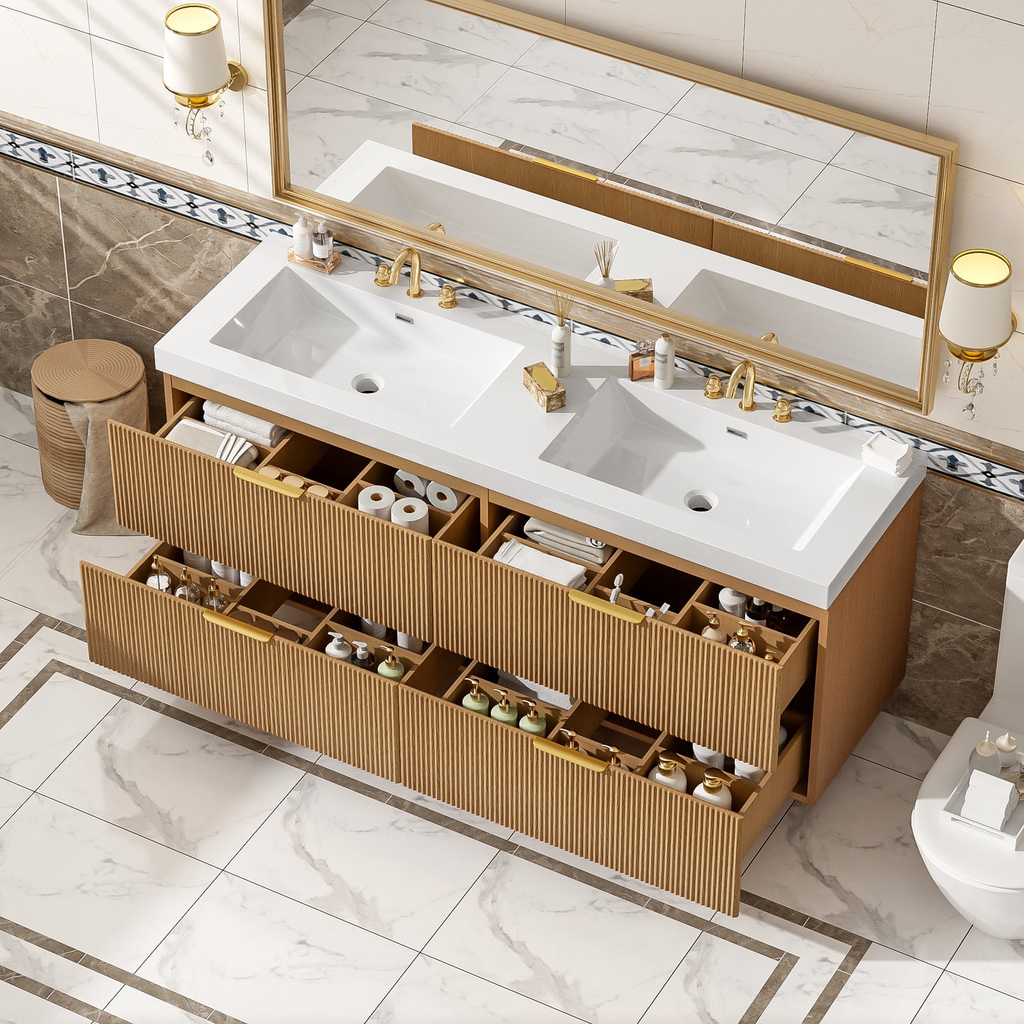 59.3 Inch Double Sink Bathroom Vanity With SMC Top, Painted MDF Cabinet , Soft Close  Drawers, Wall-Mounted Modern Storage Vanity
