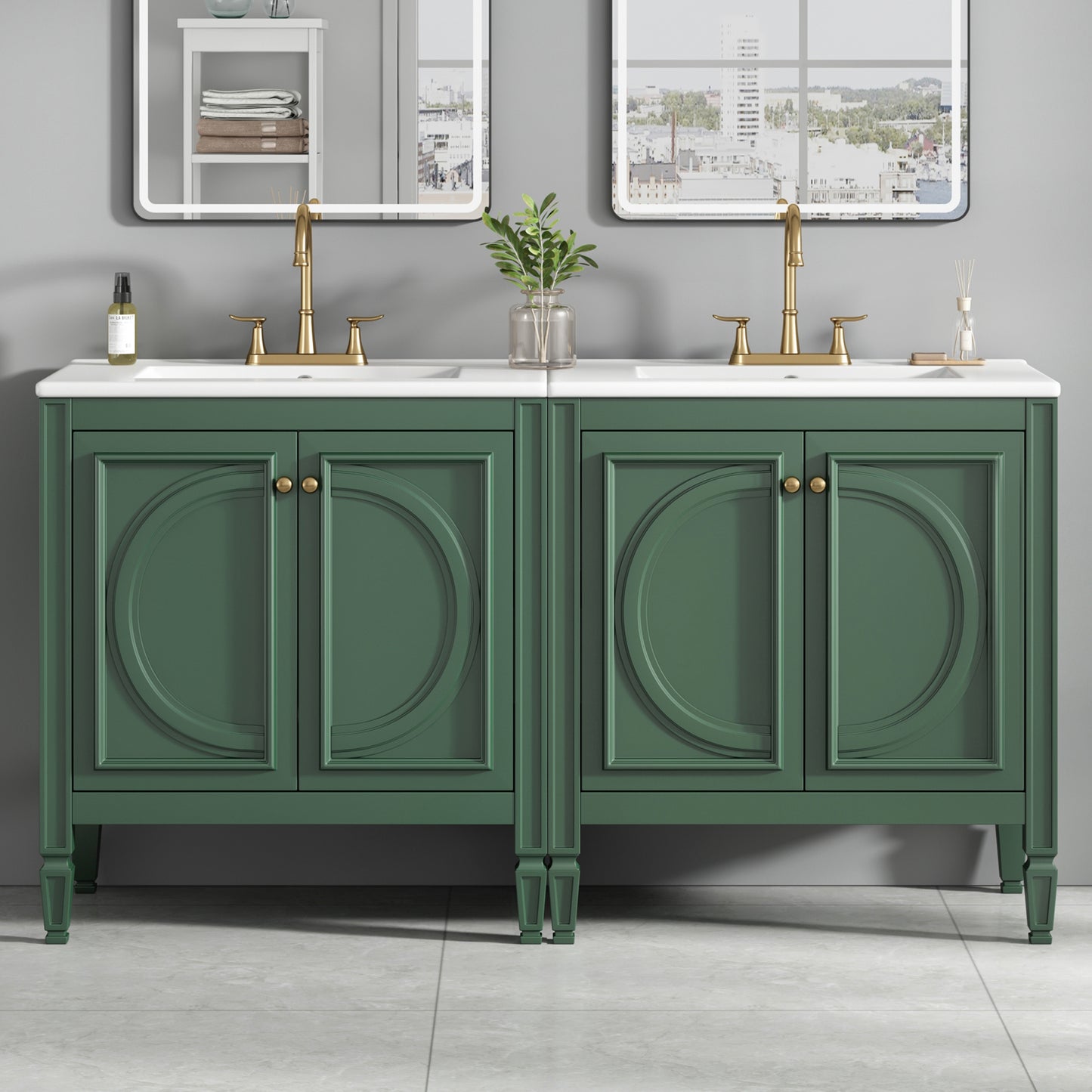 Video  60  Bathroom Vanity With Double Sink Combo Set, Ceramic Sink, Soft Close Doors With Shelf, Storage Drawer, Green