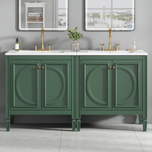 Video  60  Bathroom Vanity With Double Sink Combo Set, Ceramic Sink, Soft Close Doors With Shelf, Storage Drawer, Green