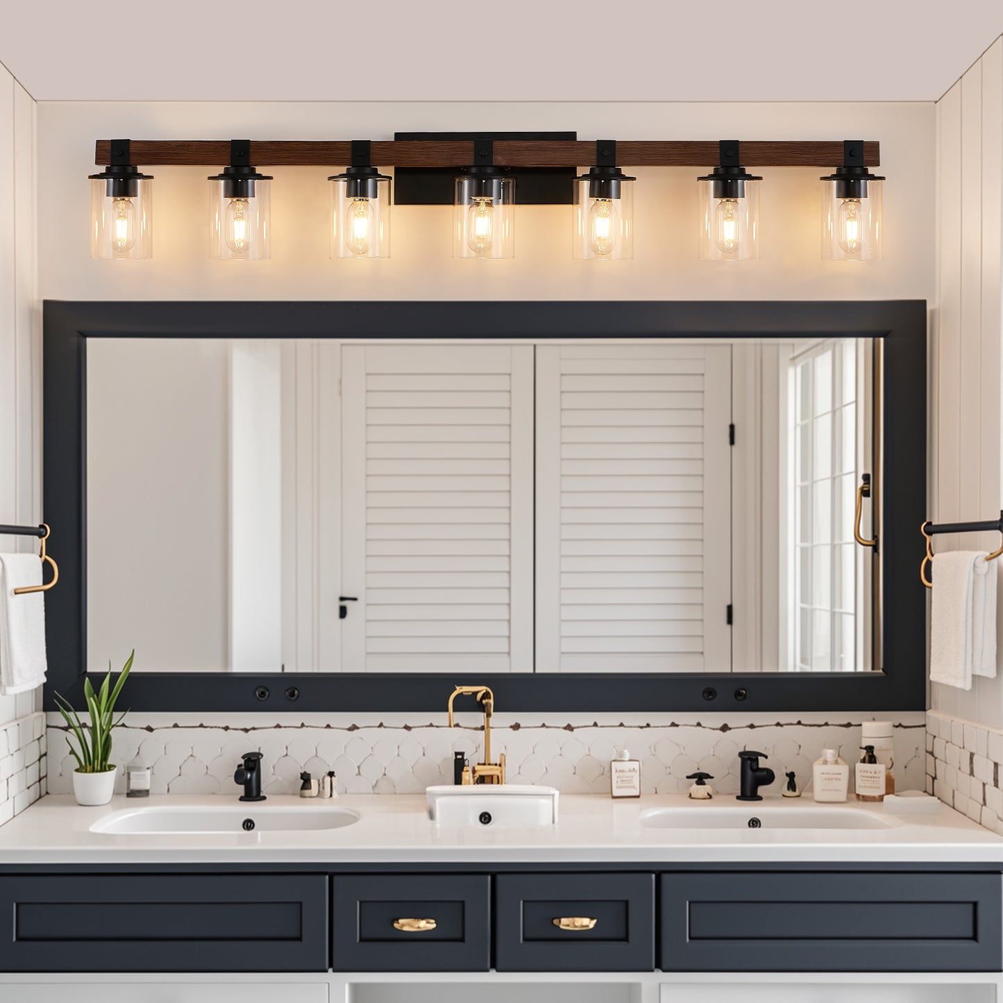 50in Rustic 7-Light Vanity Light, Industrial Bathroom Wall Sconce With Glass Shades And Wood Accent, Modern Farmhouse Lighting Fixture  No Bulbs