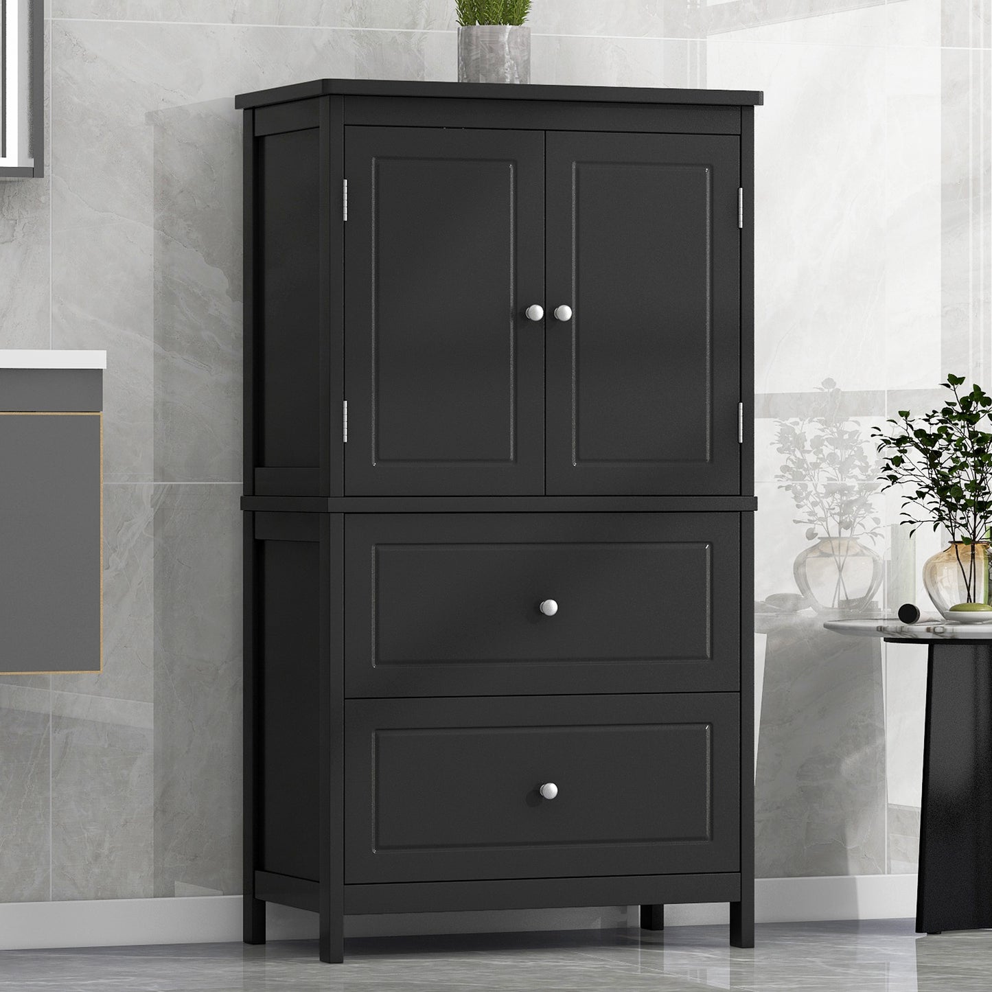 Bathroom Storage Cabinet, Cabinet With Two Doors And Drawers, Adjustable Shelf, MDF Board, Black